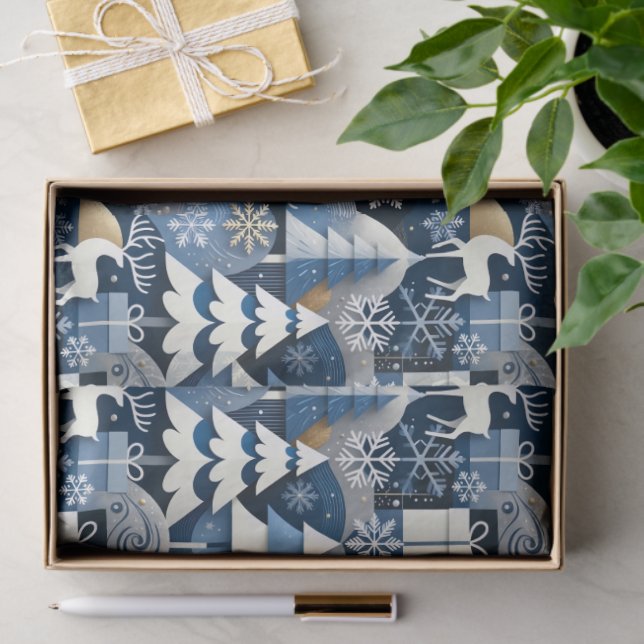 Navy Blue Gold Nordic Christmas Forest Pattern Tissue Paper (Gift)