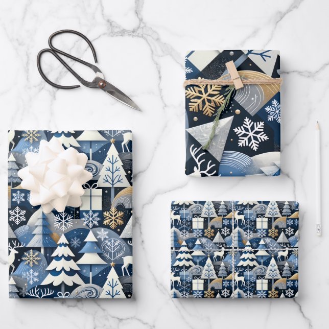 Navy Blue Gold Nordic Christmas Forest Pattern Wrapping Paper Sheet (Front)