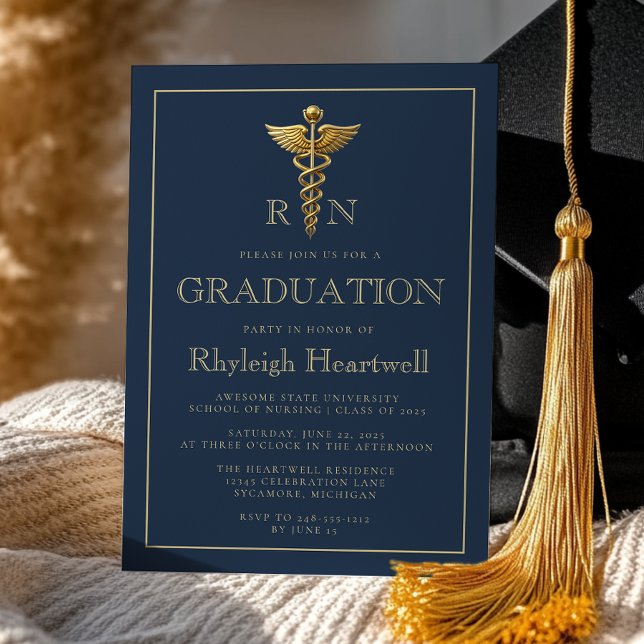 Navy Blue Gold Nurse RN Graduation Party Invitation (Creator Uploaded)