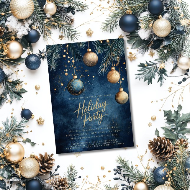 Navy Blue Gold Ornaments Baubles Christmas Holiday Invitation (Creator Uploaded)