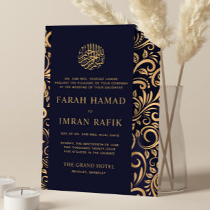 Navy Blue Gold Ornate Pattern Muslim Wedding Invitation