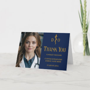 Navy Blue Gold Osteopathic Graduation Photo Thank You Card