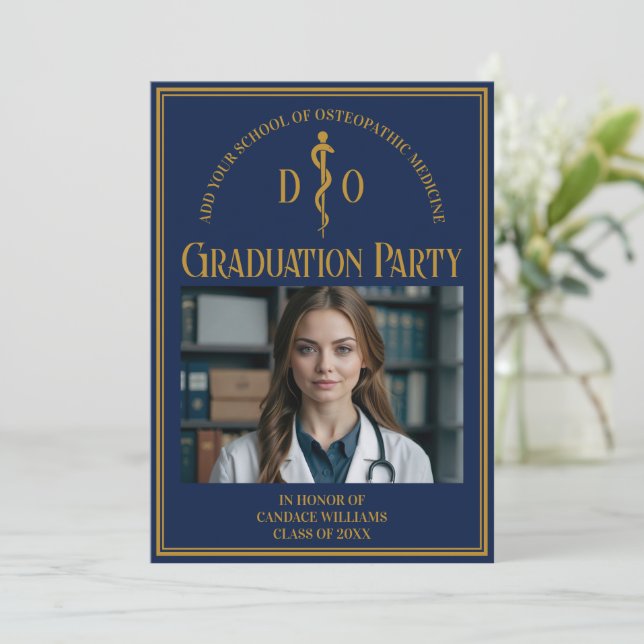 Navy Blue Gold Osteopathic School Graduation Party Invitation (Standing Front)