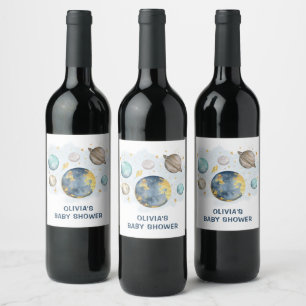 Navy Blue Gold Outer Space Baby Shower Favours Wine Label