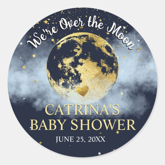 Navy Blue Gold Over the Moon Baby Shower Sticker (Front)