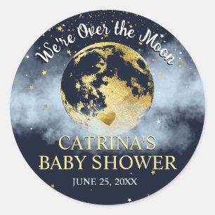Navy Blue Gold Over the Moon Baby Shower Sticker