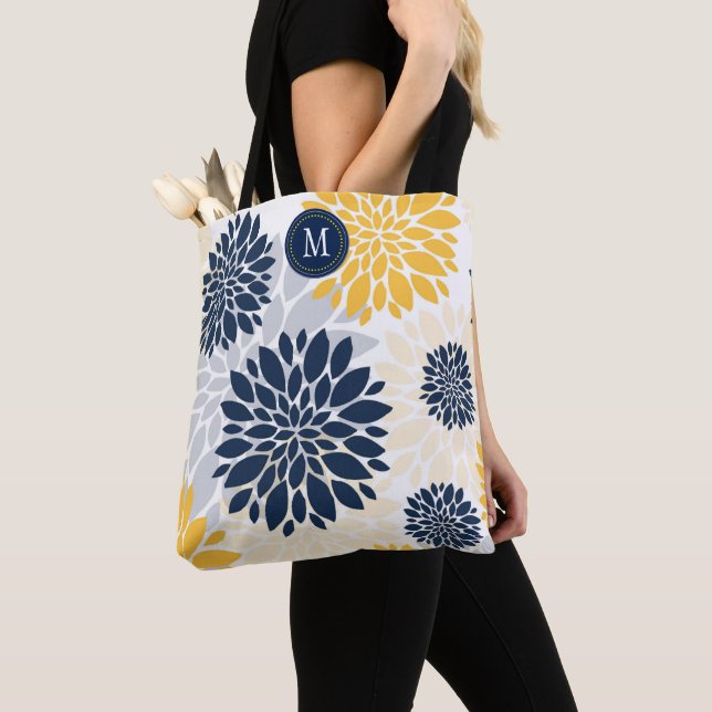 Navy Blue Gold Oversized Floral Monogram Tote Bag (Close Up)
