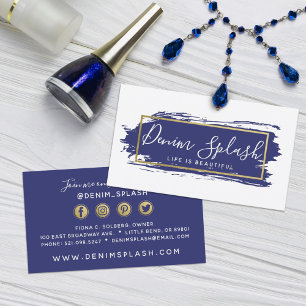 Navy Blue & Gold Paint Stroke Social Networking Business Card
