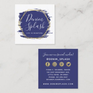 Navy Blue & Gold Paint Stroke Social Networking Square Business Card