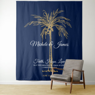 Navy Blue Gold Palm Tree Beach Wedding Backdrop Tapestry