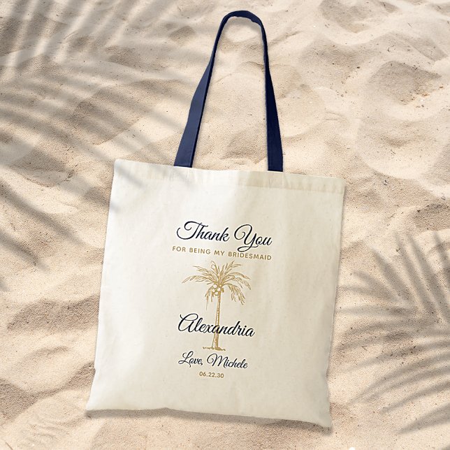 Navy Blue Gold Palm Tree Bridesmaid Thank You Tote Bag (Creator Uploaded)
