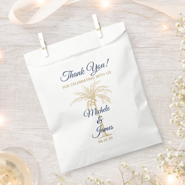 Navy Blue Gold Palm Tree Modern Wedding Favour Bags (Clipped)