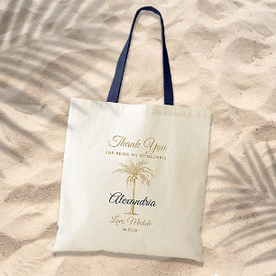 Navy Blue Gold Palm Tree Wedding Thank You Tote Bag
