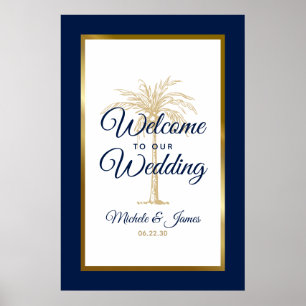 Navy Blue Gold Palm Tree Wedding Welcome Poster
