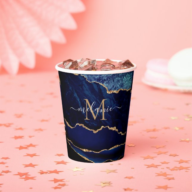 Navy Blue Gold Paper Cups Personalized Name Letter (Insitu)