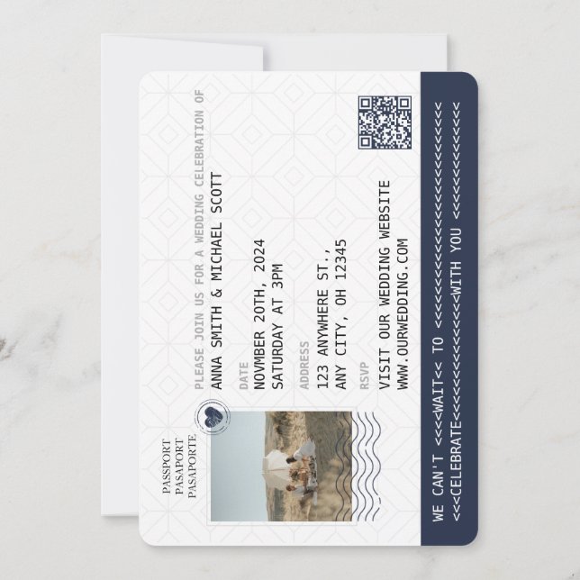 Navy Blue Gold Passport Destination Wedding QR  Invitation (Back)