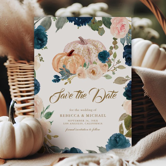 Navy Blue Gold Peach Floral Pumpkin Wedding Save The Date (Creator Uploaded)
