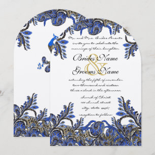 Navy Blue & Gold Peacock Paisley Wedding Invite