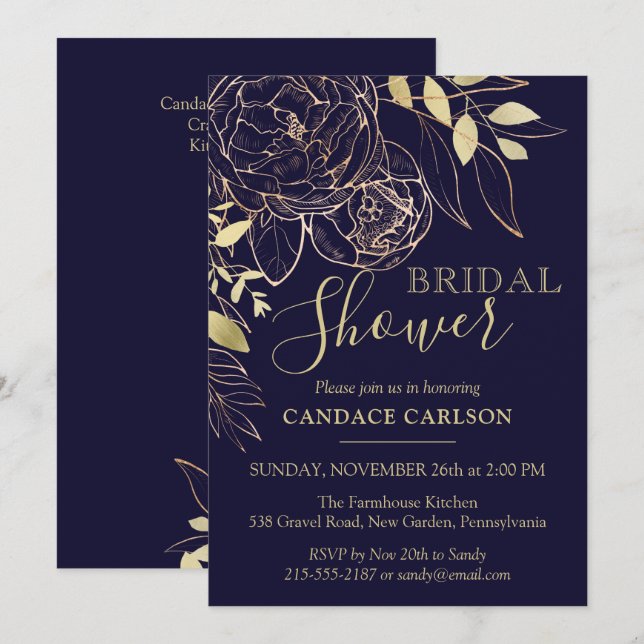 Navy Blue & Gold Peony Modern Floral Bridal Shower Invitation (Front/Back)