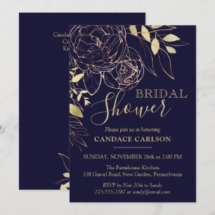 Navy Blue & Gold Peony Modern Floral Bridal Shower Invitation