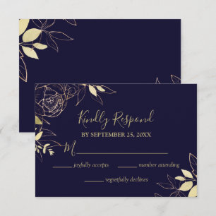 Navy Blue & Gold Peony Modern Floral Wedding RSVP Card