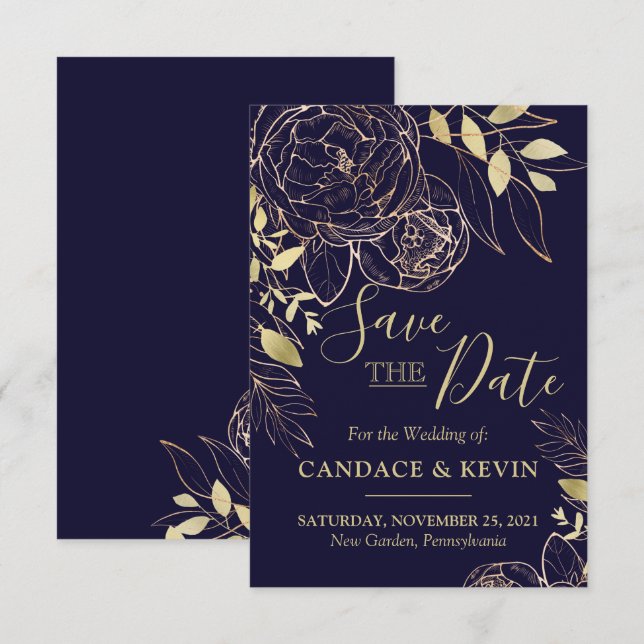 Navy Blue & Gold Peony Modern Floral Wedding Save The Date (Front/Back)