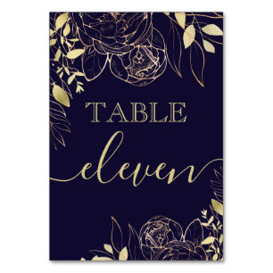 Navy Blue & Gold Peony Modern Floral Wedding Table Number