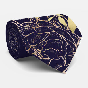Navy Blue & Gold Peony Modern Floral Wedding Tie