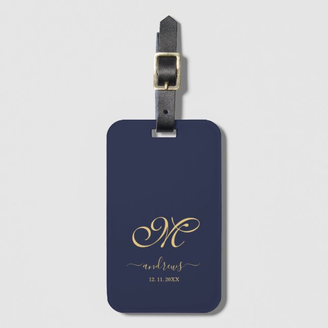 Navy Blue Gold Personalised Signature Luggage Tag (Front Vertical)