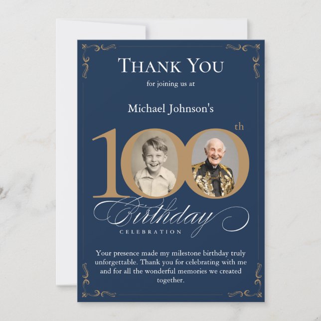 Navy Blue Gold Photo 100th Birthday Thank You Card (Front)