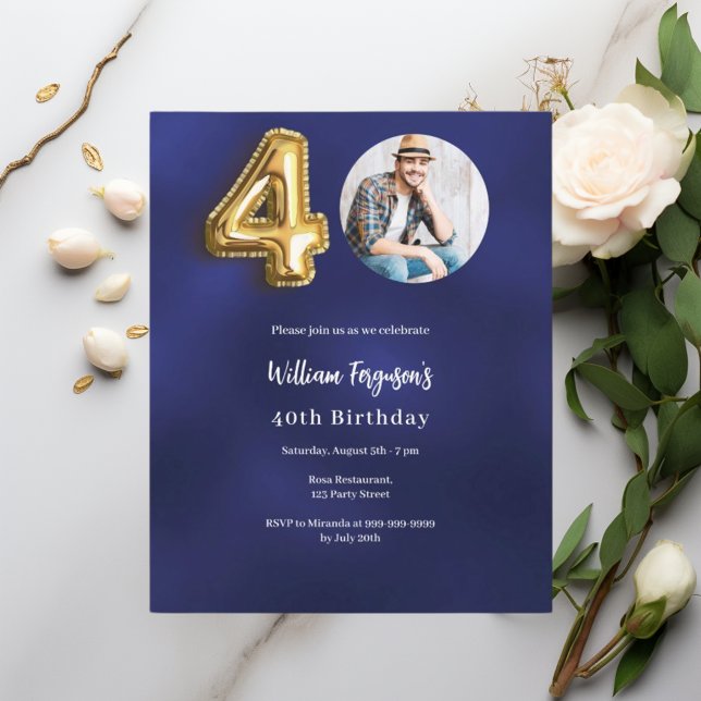 Navy blue gold photo 40th birthday invitation (Creator Uploaded)