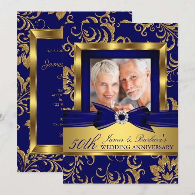 Navy Blue Gold Photo 50th Wedding Anniversary Invitation (Front/Back)