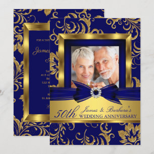 Navy Blue Gold Photo 50th Wedding Anniversary Invitation