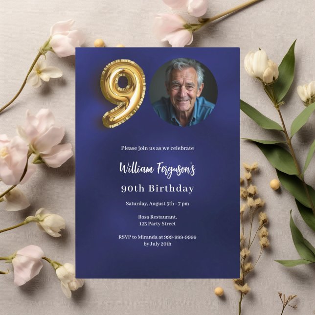 Navy blue gold photo 90th birthday invitation (Creator Uploaded)