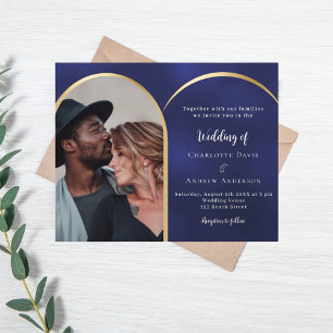 Navy blue gold photo arch wedding invitation