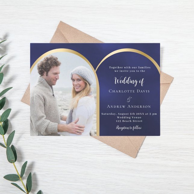 Navy blue gold photo arch wedding invitation (Creator Uploaded)