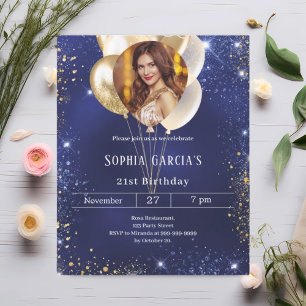 Navy blue gold photo balloons birthday invitation
