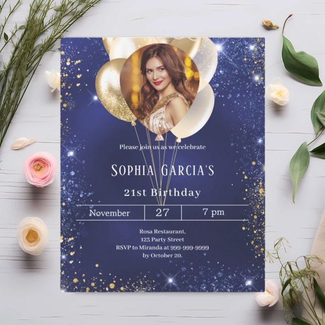 Navy blue gold photo balloons birthday invitation (Creator Uploaded)