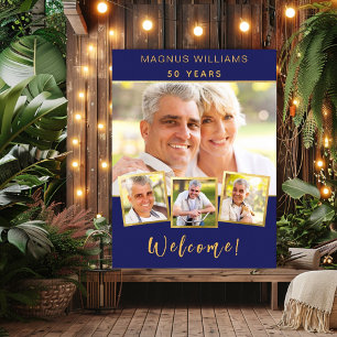 Navy blue gold photo collage birthday welcome poster