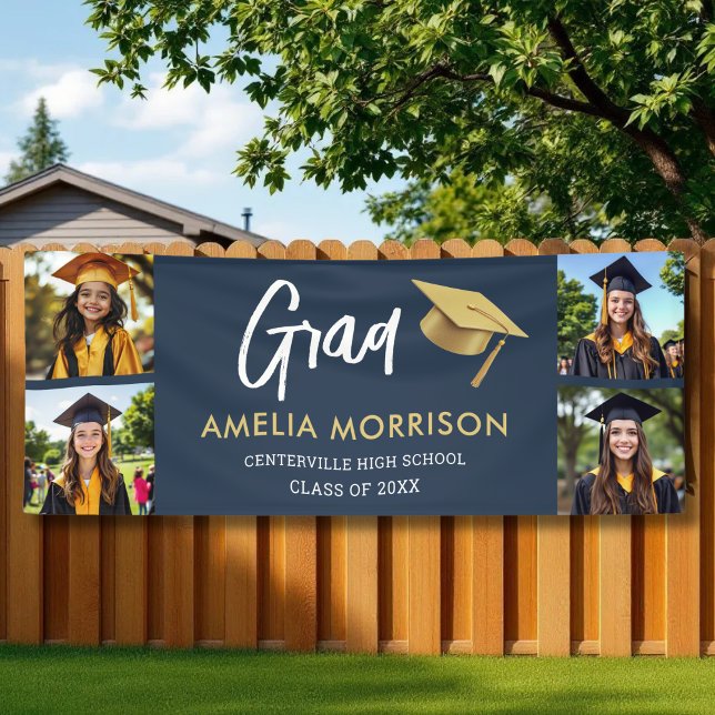 Navy Blue Gold Photo Collage Graduate Graduation Banner (Creator Uploaded)