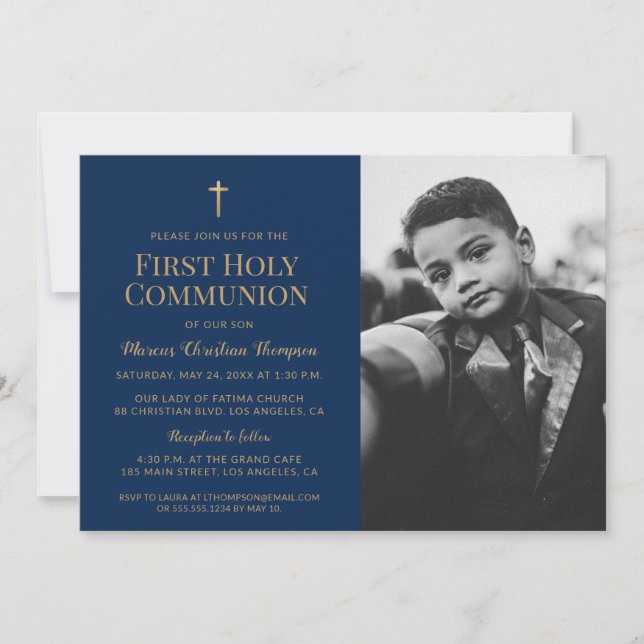 Navy blue Gold Photo First Communion invitation (Front)