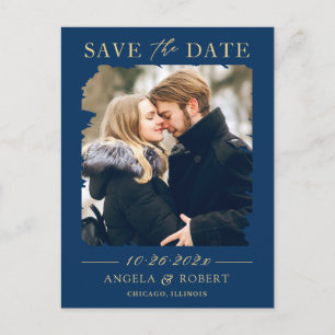 Navy Blue Gold Photo Frame Save the Date Postcard