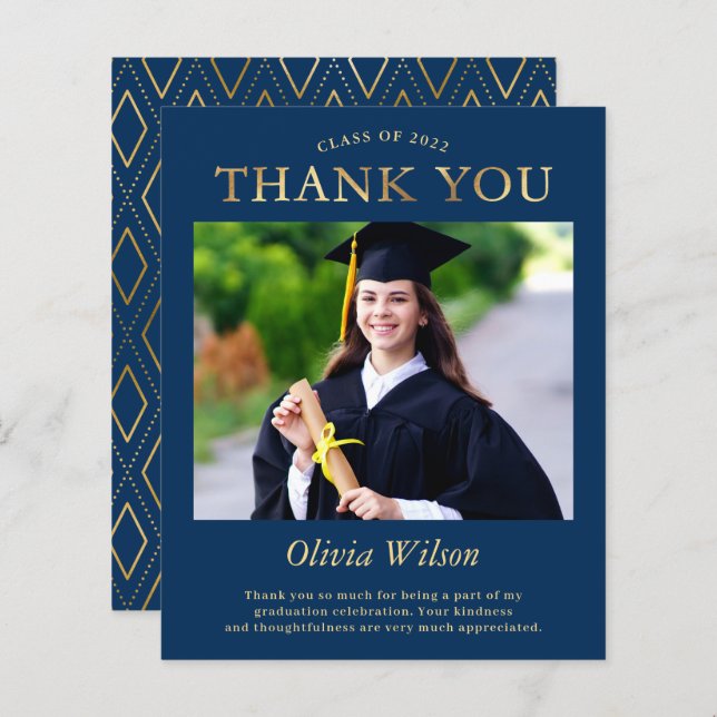 Navy Blue Gold Photo Graduation Thank You (Front/Back)