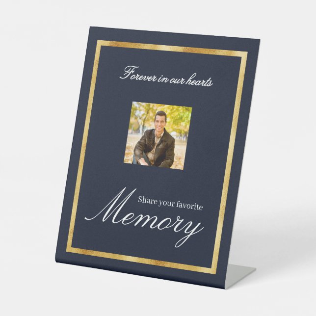 Navy blue gold photo memorial share a memory pedestal sign (Front)