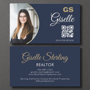 Navy Blue Gold Photo Monogram Realtor QR Code  Business Card
