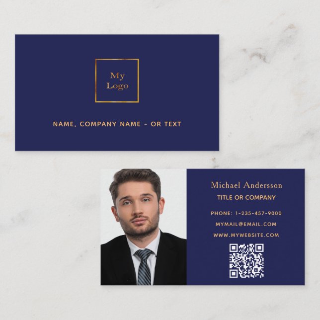 Navy blue gold photo QR code logo Business Card (Front/Back)