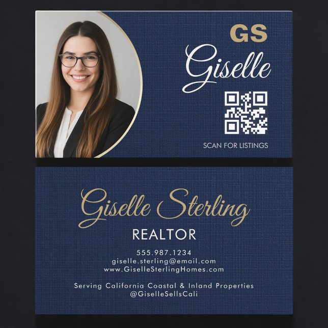 Navy Blue Gold Photo Realtor QR Code Linen Business Card (Creator Uploaded)