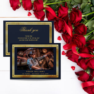 Navy blue gold photo thank you card