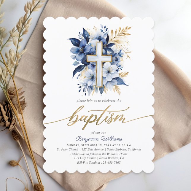 Navy Blue & Gold Photo Watercolor Baptism  Invitation (Creator Uploaded)