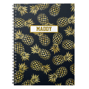 Navy Blue Gold Pineapple Pattern Monogram Notebook
